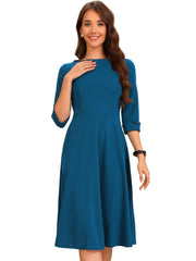 3/4 Sleeve Boat Neck Solid Color A-Line Midi Dress