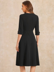 3/4 Sleeve Boat Neck Solid Color A-Line Midi Dress