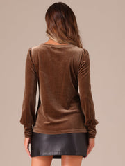 Velvet Round Neck Puff Long Sleeve Casual Pullover Blouse