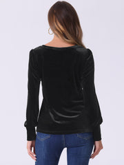 Velvet Round Neck Puff Long Sleeve Casual Pullover Blouse
