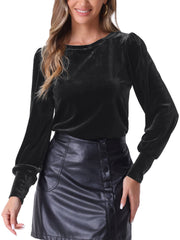 Velvet Round Neck Puff Long Sleeve Casual Pullover Blouse
