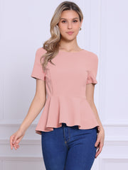 Short Sleeve Round Neck Solid Color Peplum Blouse