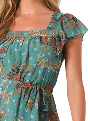 Floral Chiffon Flutter Sleeve Belted Square Neck Ruffled Hem Dress