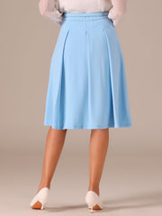 Women's A-Line Belted Waist Casual Midi Flare Pleated Skirt