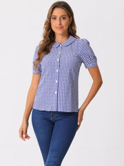 Plaid Puff Short Sleeve Gingham Peter Pan Collar Button Down Shirt