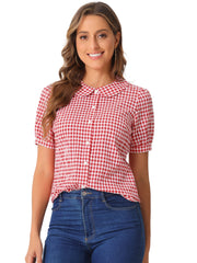 Plaid Puff Short Sleeve Gingham Peter Pan Collar Button Down Shirt