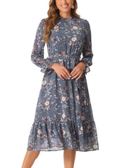 Floral Long Sleeve Belted Flowy Chiffon Midi Dress