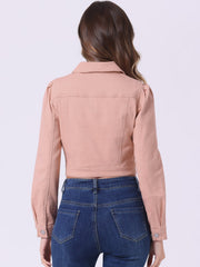 Lightweight Button Down Puff Sleeve Cropped Denim Jacket