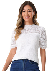 Floral Lace Mock Neck Puff Short Sleeve Blouse
