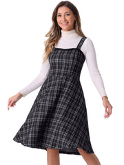 Tweed Plaid Sleeveless Pockets A-Line Pinafore Overall Dress