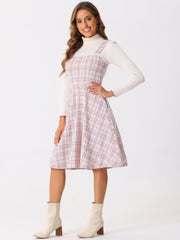 Tweed Plaid Sleeveless Pockets A-Line Pinafore Overall Dress
