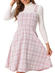 Tweed Plaid Sleeveless Pockets A-Line Pinafore Overall Dress