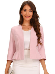 Open Front Collarless 3/4 Sleeve Peplum Cropped Jacket