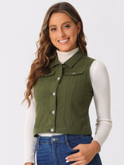 Buttoned Chest Flap Pocket Washed Denim Jacket Vest