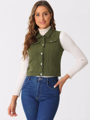 Buttoned Chest Flap Pocket Washed Denim Jacket Vest