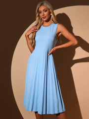 Sleeveless Pleated Crew Neck A-Line Midi Dress