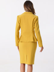 2 Piece Long Sleeve Notched Lapel Peplum Blazer Pencil Skirt Suit Set