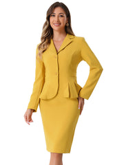 2 Piece Long Sleeve Notched Lapel Peplum Blazer Pencil Skirt Suit Set