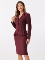 2 Piece Long Sleeve Notched Lapel Peplum Blazer Pencil Skirt Suit Set