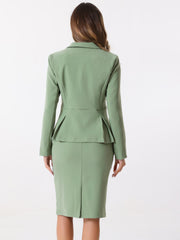 Long Sleeve Notched Lapel Peplum Blazer Pencil Skirt 2 Piece Set
