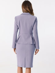 Long Sleeve Notched Lapel Peplum Blazer Pencil Skirt 2 Piece Set