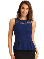 Lace Floral Ruffle Neck Keyhole Back Sleeveless Peplum Top
