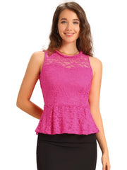 Lace Floral Ruffle Neck Keyhole Back Sleeveless Peplum Top