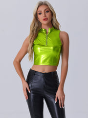 Metallic Crop Tops Mock Neck Zip Up Shiny Holographic Tank Top