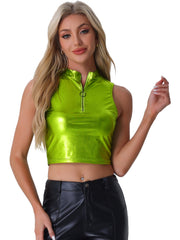 Metallic Crop Tops Mock Neck Zip Up Shiny Holographic Tank Top
