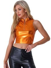 Metallic Crop Tops Mock Neck Zip Up Shiny Holographic Tank Top