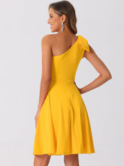 Bow One Shoulder Sleeveless Pockets A-Line Midi Dress