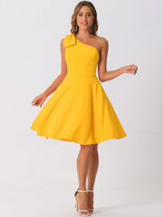Bow One Shoulder Sleeveless Pockets A-Line Midi Dress