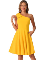 Bow One Shoulder Sleeveless Pockets A-Line Midi Dress