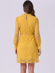Lace Floral Ruffle Crew Neck Cocktail Mini Dress