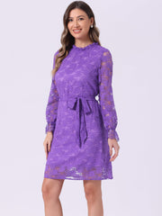 Lace Floral Ruffle Crew Neck Cocktail Mini Dress