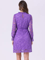 Lace Floral Ruffle Crew Neck Cocktail Mini Dress