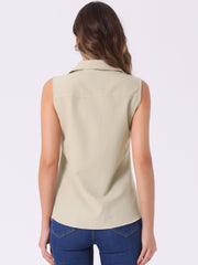 Denim Button Down Sleeveless Lapel V Neck Chambray Tunic Top