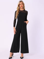 Crew Neck Mesh Lace Sleeve Wide Leg Jumpsuit