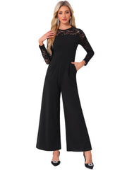 Crew Neck Mesh Lace Sleeve Wide Leg Jumpsuit
