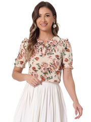 Peter Pan Collar Puff Short Sleeve Ruffle Smocked Floral Blouse
