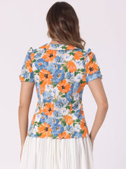 Peter Pan Collar Puff Short Sleeve Ruffle Smocked Floral Blouse