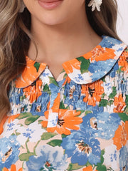 Peter Pan Collar Puff Short Sleeve Ruffle Smocked Floral Blouse
