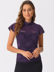 Elegant Floral Lace Short Sleeve Keyhole Back Fitted Blouse