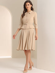2 Piece 3/4 Sleeve Cropped Belted Blazer and Pleated Skirt Business Suit Sets