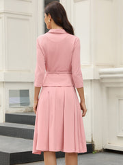 2 Piece 3/4 Sleeve Cropped Belted Blazer and Pleated Skirt Business Suit Sets