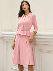2 Piece 3/4 Sleeve Cropped Belted Blazer and Pleated Skirt Business Suit Sets