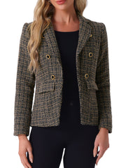 Tweed Plaid Long Sleeves Notched Lapel Open Front Blazer Jacket