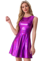 Metallic Sleeveless High Waist Club Party Holographic Dress