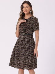 Peter Pan Collar Tie Neck Short Sleeve A-Line Belted Floral Dress