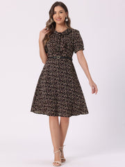 Peter Pan Collar Tie Neck Short Sleeve A-Line Belted Floral Dress